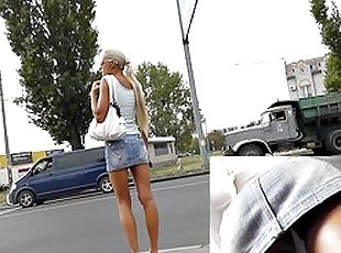 Real street upskirt vid with golden-haired
